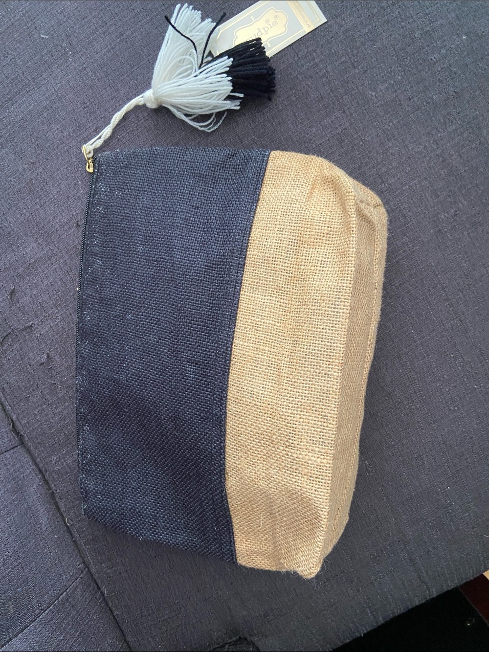 Mud Pie Black and Natural Two-Tone Canvas Cosmetic Pouch with Tassel